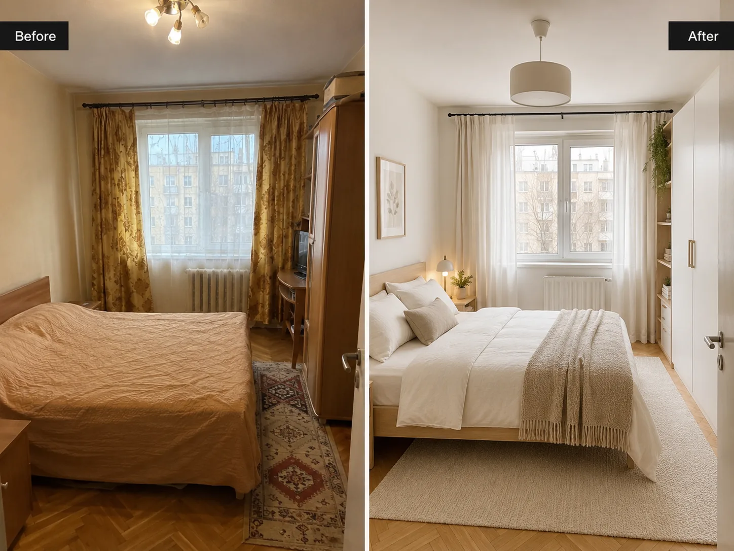 Dormitor mic — înainte și după redesign Scandinav accesibil